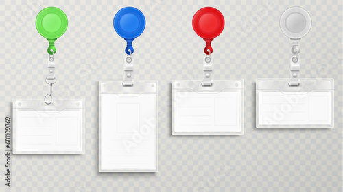 Realistic blank office ID cards set with round clasp reel holder clip. Vector illustration.
