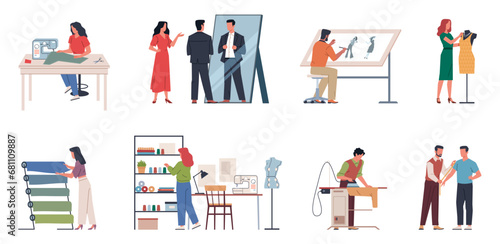 Sewing people. Modern apparel designers, cutters and seamstresses, atelier employees, dresses creation process, professional equipment in workshop cartoon flat style nowaday vector set