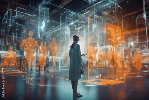 Interactive hologram  Person in an immersive augmented reality experience. Concept of futuristic technology integrated into global business networks. Woman visiting a facility with 3D models.