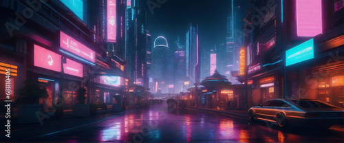 a futuristic  cyberpunk-inspired cityscape at night  with neon lights and holographic advertisements glowing brightly. Use a wide-angle lens and a cool color palette to evoke a sense of mystery