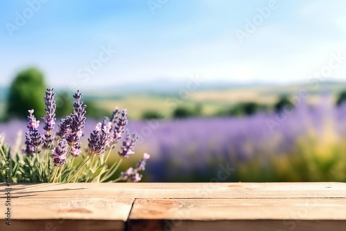 Empty wooden table with lavender flower garden