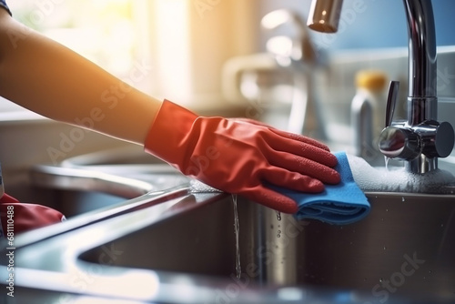 Housewife wearing gloves cleaning sink in kitchen photo