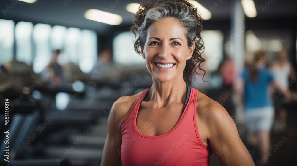 Elderly woman smiling in the gym by Generative AI