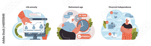 Retirement stages set. Navigating life annuity payouts, reaching timely retirement goals, celebrating financial independence. Pension fund assurance. Target achievements. Flat vector illustration. photo