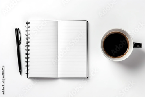 Empty notepad with coffee cup on white table photo