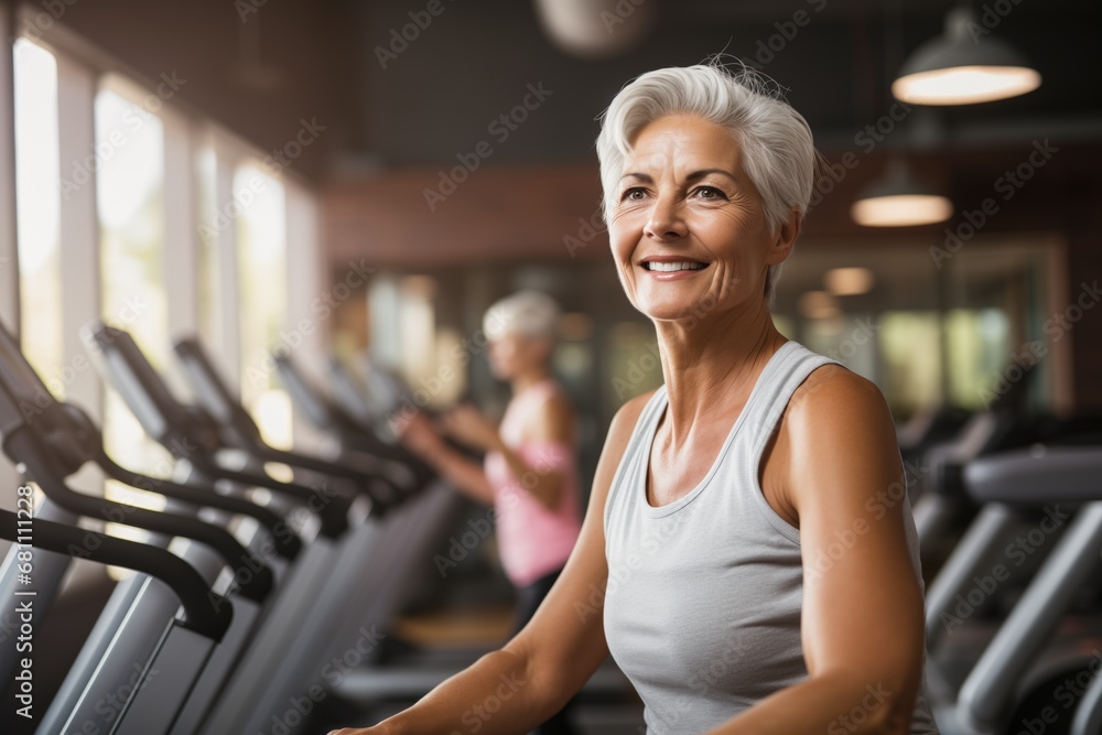 Elderly woman smiling in the gym by Generative AI Elderly woman smiling in the gym by Generative AI