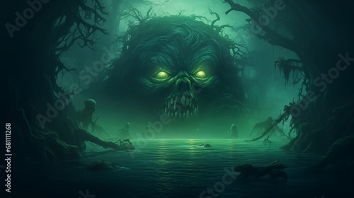 A fog-shrouded swamp with unsettling, unseen creatures.. Digital concept, illustration painting.
