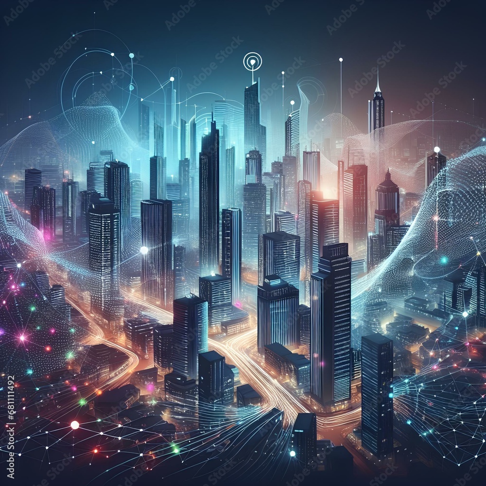 Experience the synergy of abstract dot connections and intricate wave lines in smart city big data design.