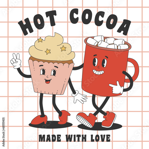 Poster with cute cocoa cup and cupcake characters in groovy style. Template for poster, banner, flyer menu design in trendy retro style