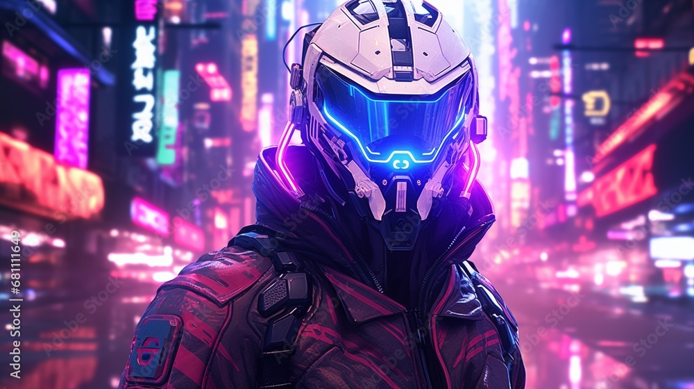 A futuristic cybernetic warrior in a neon-lite nice city. Digital concept, illustration painting. A futuristic cybernetic warrior in a neon-lite nice city. Digital concept, illustration painting.