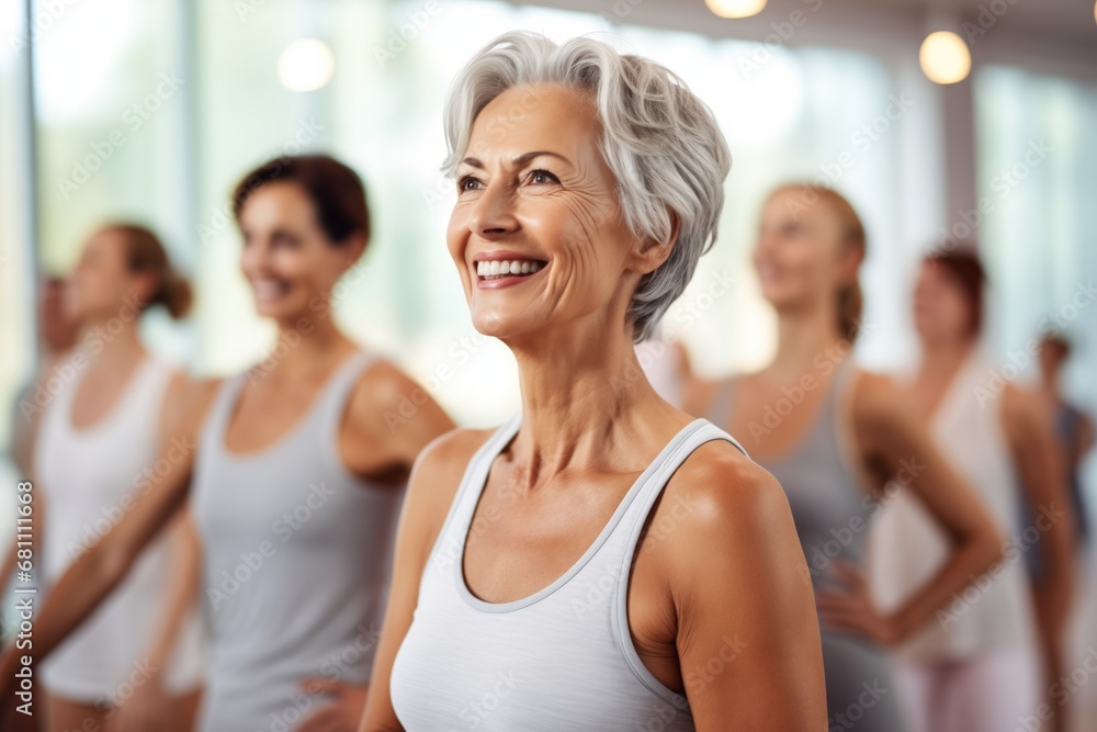 Elderly woman smiling in the gym by Generative AI Elderly woman smiling in the gym by Generative AI