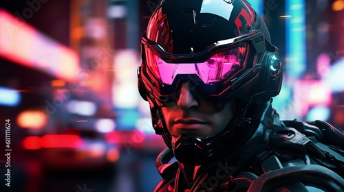 A futuristic cybernetic warrior in a neon-lite nice city. Digital concept, illustration painting.