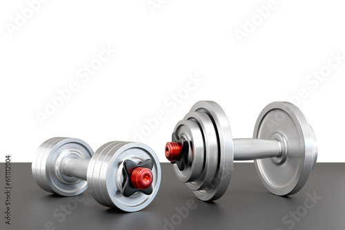 Two metal dumbbells on a dark floor. 3d rendering