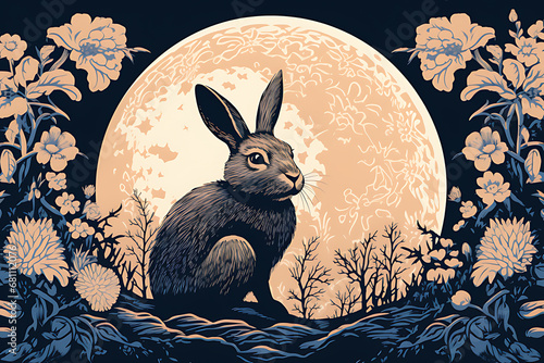 Art life of rabbit in nature, block print style ai generate photo