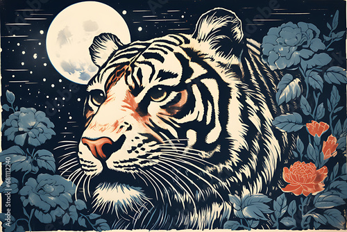 Art life of tiger in nature, block print style ai generate photo