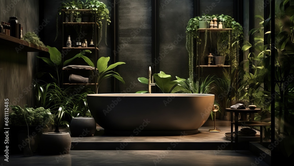 A Tranquil Oasis: A Bathtub Surrounded by Lush Potted Plants in a Serene Bathroom A Tranquil Oasis: A Bathtub Surrounded by Lush Potted Plants in a Serene Bathroom