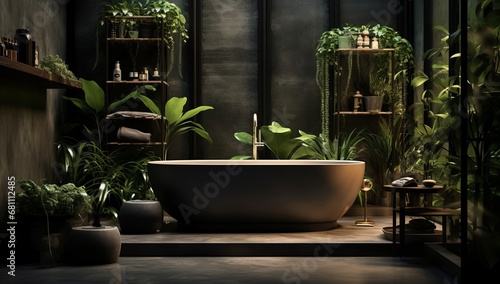 A Tranquil Oasis: A Bathtub Surrounded by Lush Potted Plants in a Serene Bathroom