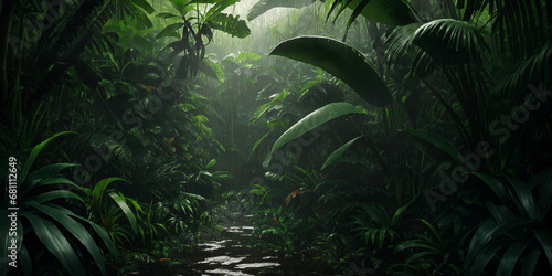 Jungle during heavy rain. Dark tropical forest with exotic plants, palm trees, big leaves and ferns. Scary thicket of the rainforest. Streams of water, wet green vegetation and ground. Generative AI