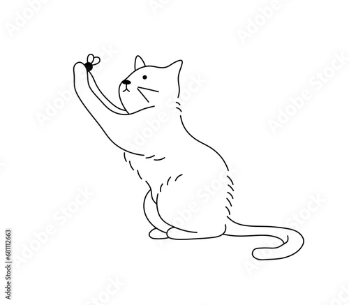 Vector isolated one single cat playing with fly colorless black and white contour line easy drawing