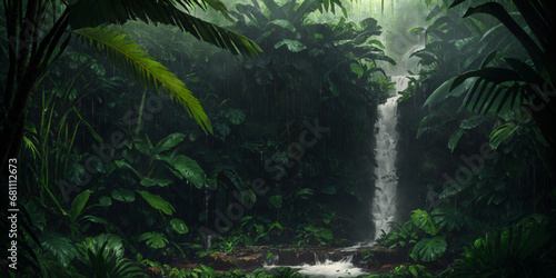 Waterfall in wild jungle. Heavy rain. Dark tropical forest with exotic plants, palm trees, big leaves and ferns. Scary thicket of the rainforest. Stream of water, wet green vegetation. Generative AI © Aleksei Solovev