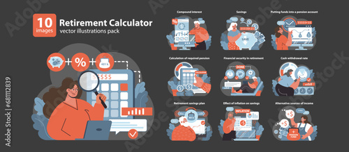 Retirement Calculator set. Navigating financial planning for golden years. Secure savings strategy, pension fund growth, managing retirement income. Flat vector illustration.