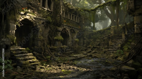 A post-apocalyptic world where nature reclaims the ruins of a city. Digital concept, illustration painting. photo