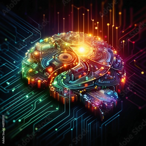 AI. A colorful abstract digital brain. Neural network connection lines and glowing dots. Machine learning. Big data. Artificial Super Intelligence. AGI. GPT. LLM. Science & Technology. Generative AI