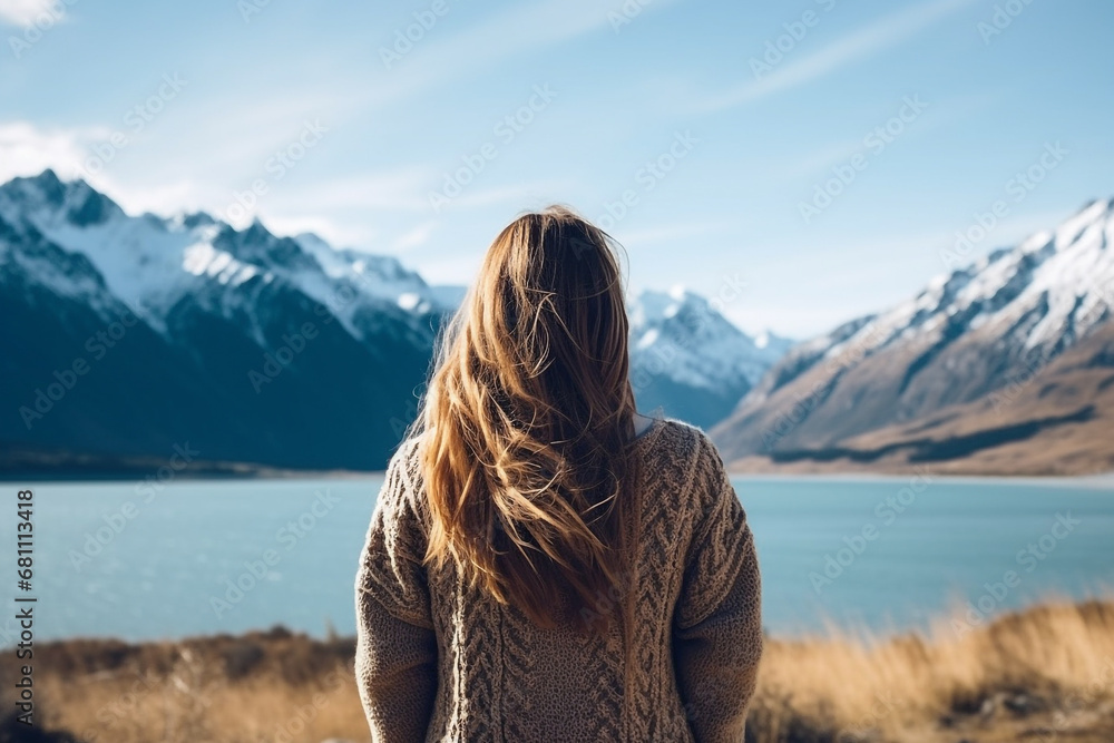 Woman enjoying beautiful view of lake and mountains