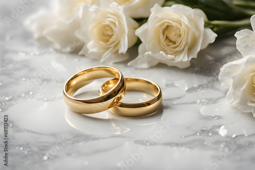 Two gold wedding rings on a light marble table with white flowers. photo created using the Playground AI platform