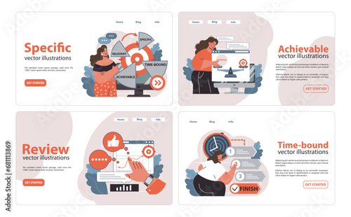 SMART criteria set. Women interact with website elements. Specific goals, review feedback, potential exploration, time management. Flat vector illustration