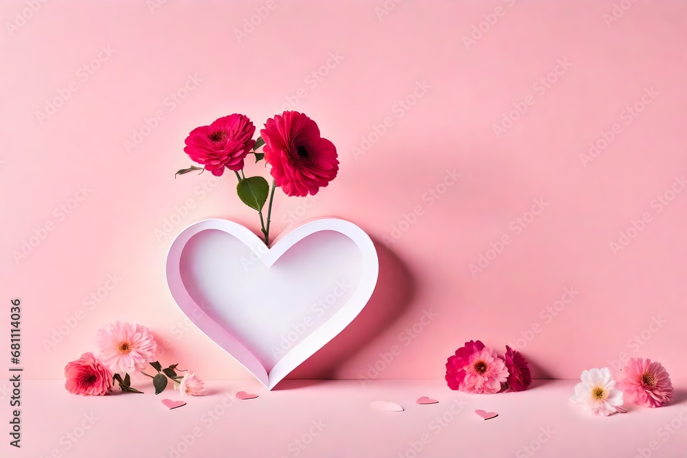 Flower growing from heart-shaped box on pastel light pink background. Modern Valentine's Day concept.