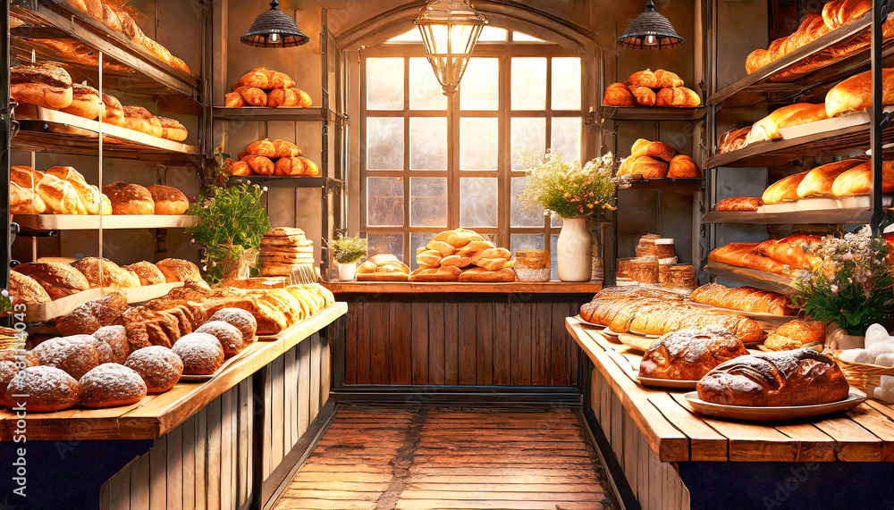 Charming French bakery, with the scent of freshly baked breads, cakes, and pastries. Front view of a colorful and picturesque bakery store. Pastries and gastronomy.