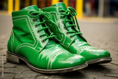 Stylish Green Leather Boots on Cobblestone Street photo