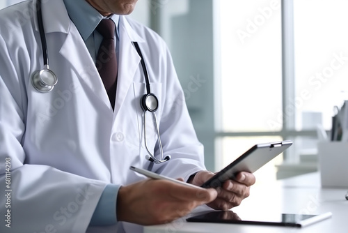 Doctor using tablet in clinic for check patient health history photo
