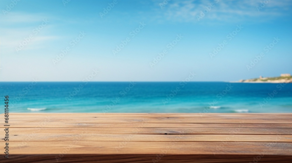 Close up wooden table with the sea in the background, sunny day, clear sky.