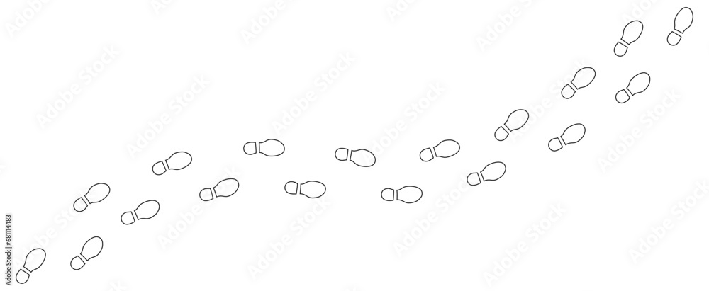 Human step footprints paths. Trace of foot prints of person in boots. Man walking in the snow. Track from shoe sole prints. Road of human feet. Contour. Step by step. Vector isolated on white Human step footprints paths. Trace of foot prints of person in boots. Man walking in the snow. Track from shoe sole prints. Road of human feet. Contour. Step by step. Vector isolated on white