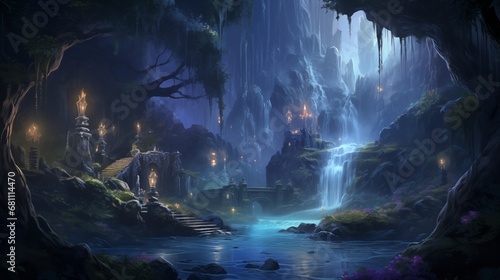 An enchanted waterfall in a mystical glade. Digital concept, illustration painting.