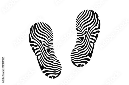 Human shoe footprints. Pair of prints of sneakers or boots. Left and right leg. Shoe sole. Walking foot steps. Black and white vector isolated on white. Icon, symbol, pictogram. Children's footprints