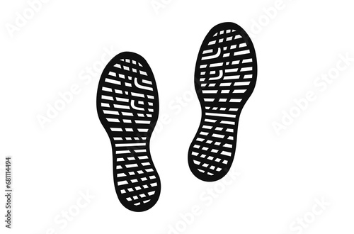 Human shoe footprints. Pair of prints of boots or sneakers. Left and right leg. Shoe sole. Black and white vector isolated on white background. Icon, symbol, pictogram. For print, design element