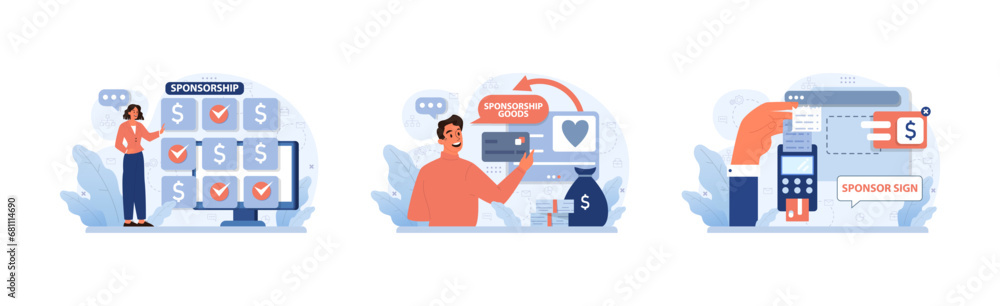 Sponsorship set. Professionals navigate funding options. Choosing suitable packages, obtaining goods, displaying sponsor signs. Engaging in financial partnerships. Flat vector illustration Sponsorship set. Professionals navigate funding options. Choosing suitable packages, obtaining goods, displaying sponsor signs. Engaging in financial partnerships. Flat vector illustration
