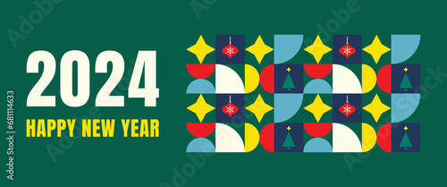 New Year greeting design with geometric pattern in bauhaus style. Template of banner, postcard, cover. Christmas elements in flat style