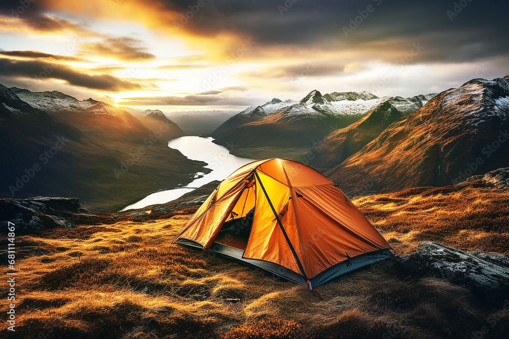 Orange tent on the mountain with sunset view landscape