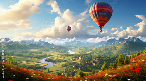 hot air balloon in the mountains