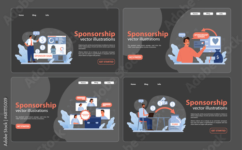 Sponsorship set. Engaging online sponsorship platforms. Individuals explore funding opportunities. Seeking sponsors, showcasing goods, and funding initiatives. Flat vector illustration