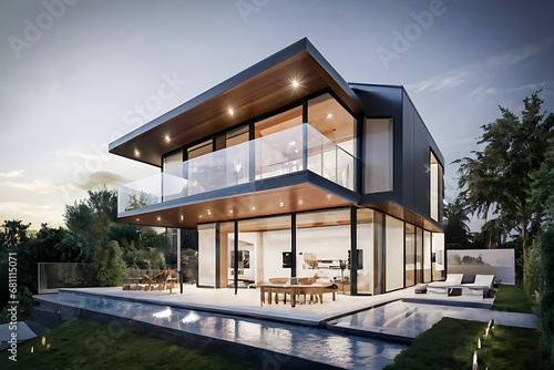 Modern house surrounded by glass walls in the sea © MdMahmud