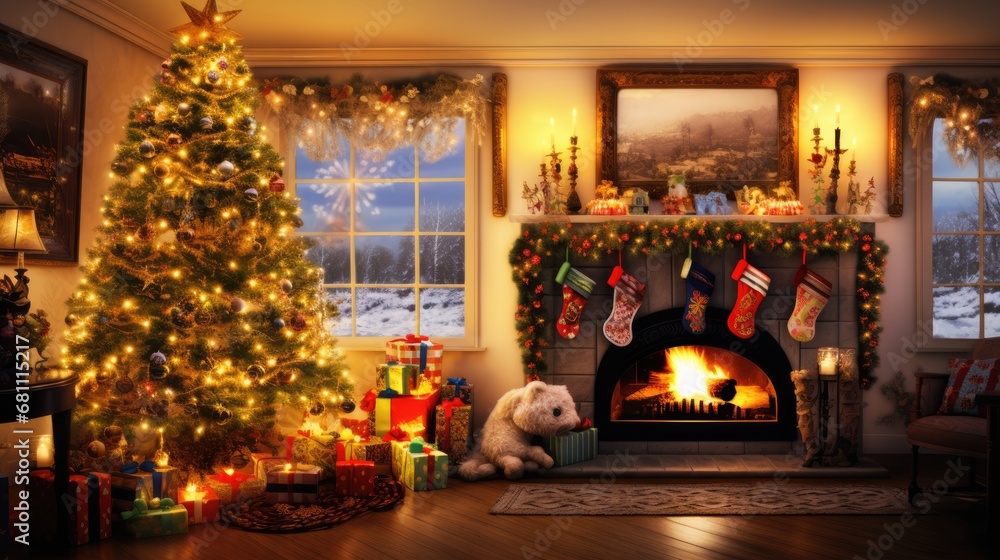 Christmas home cozy interior with a decorated New Year tree. Christmas background