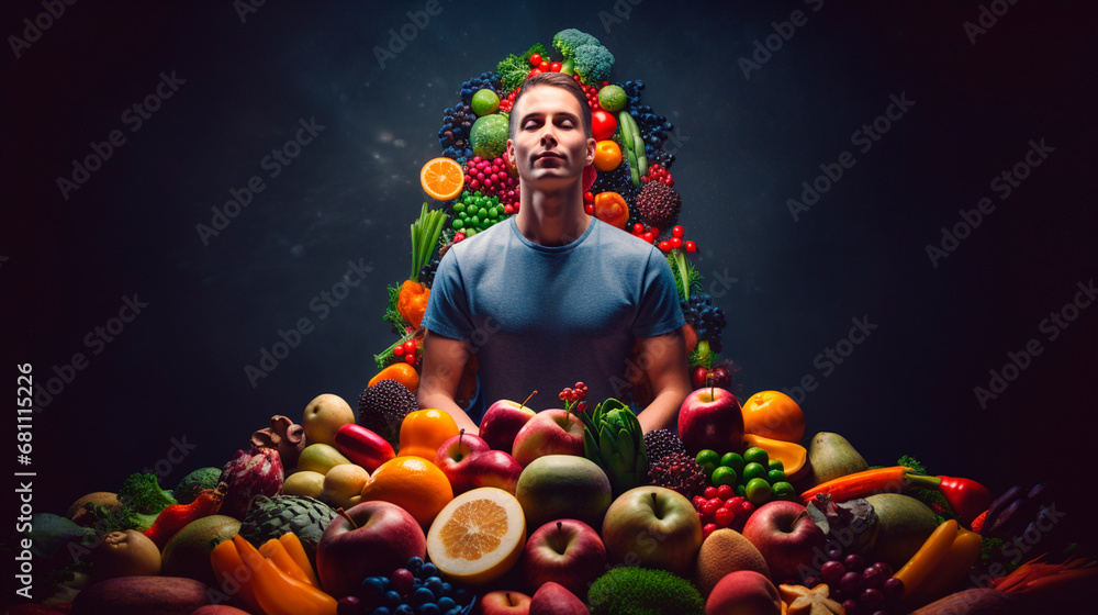 A man meditates with vegetables and fruits. Generative AI,
