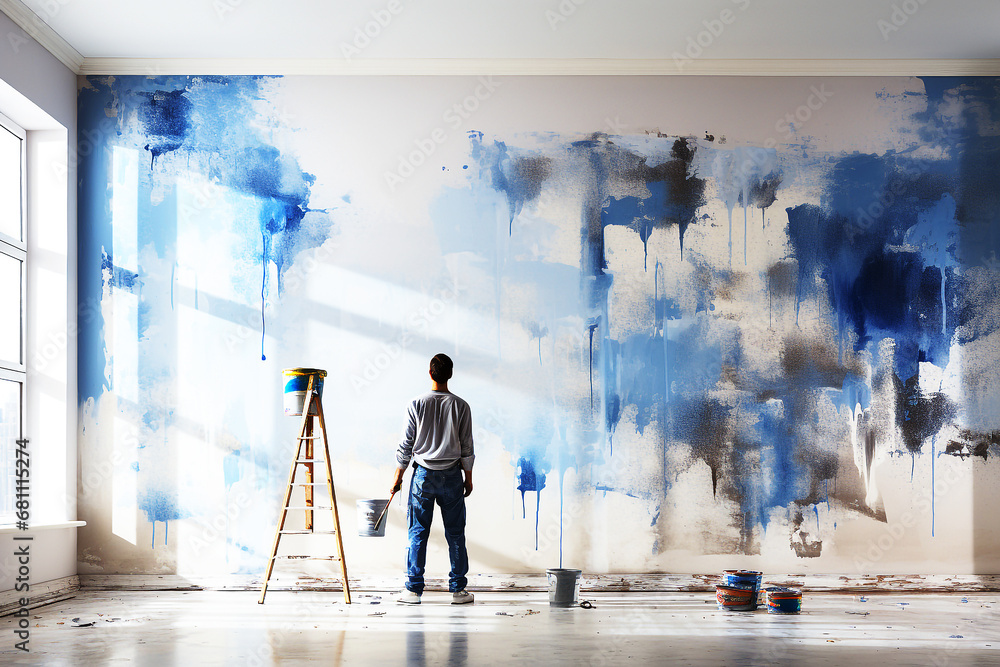 Painter painting blue paint on white wall - obrazy, fototapety, plakaty 