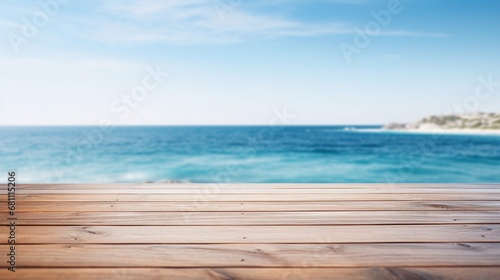 Close up wooden table with the sea in the background, sunny day, clear sky, generative AI.