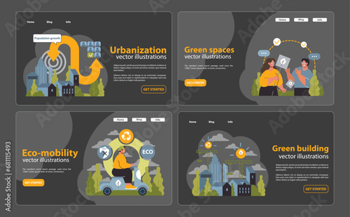 Urban development set. Cities evolving with growing populations. Green spaces for relaxation, eco-friendly transportation means, and sustainable buildings. Eco innovations, urban planning. Flat vector photo